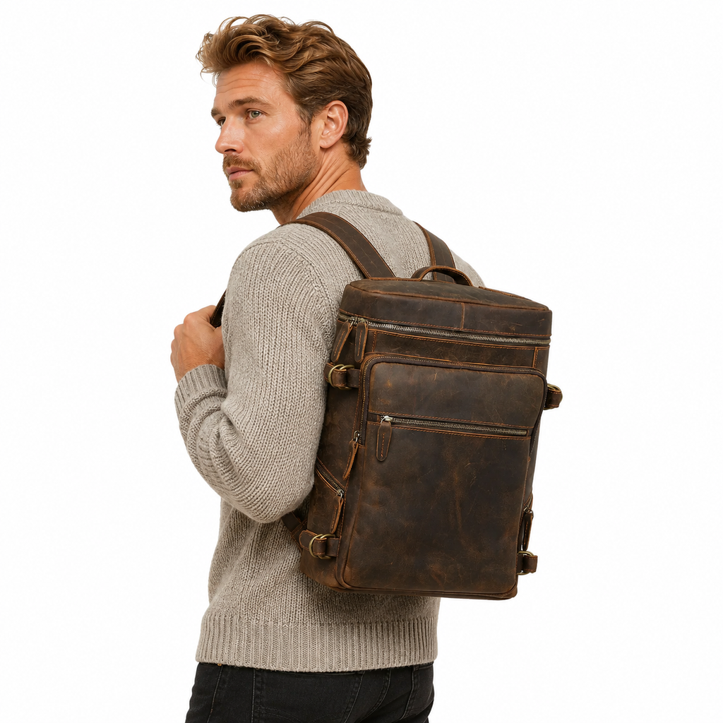 Vintage Ryggsekk i Crazy Horse-skinn – Laptop- og Reiseveske til Herre