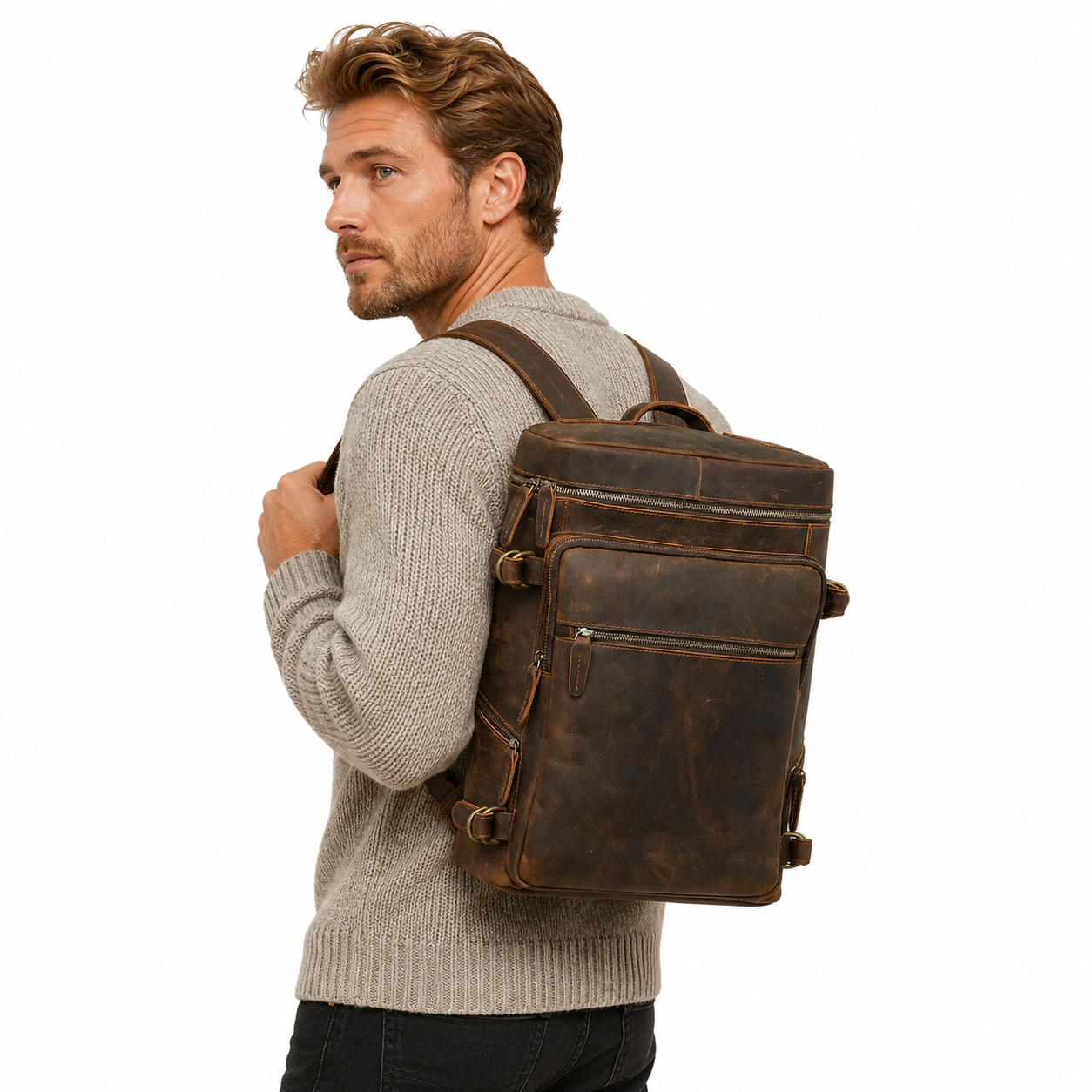 Vintage Ryggsekk i Crazy Horse-skinn – Laptop- og Reiseveske til Herre
