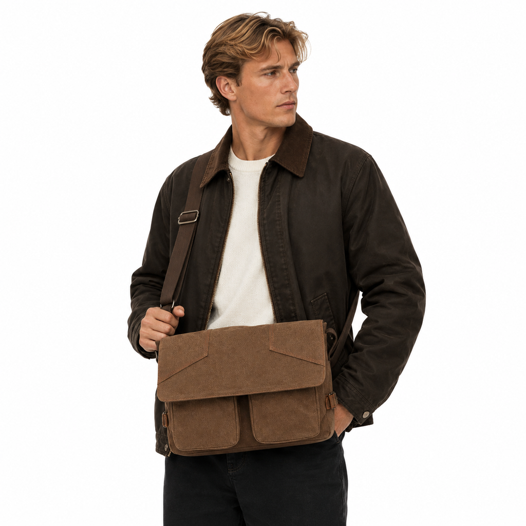 Vintage Canvas Messenger Bag til Herre – Skulderveske med Skinn Detaljer og Laptopplass