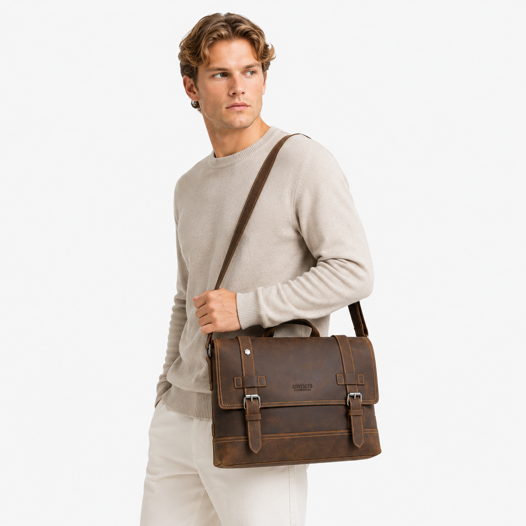 Vintage Messenger Bag i Crazy Horse-skinn til Herre – Laptop Crossbody Veske