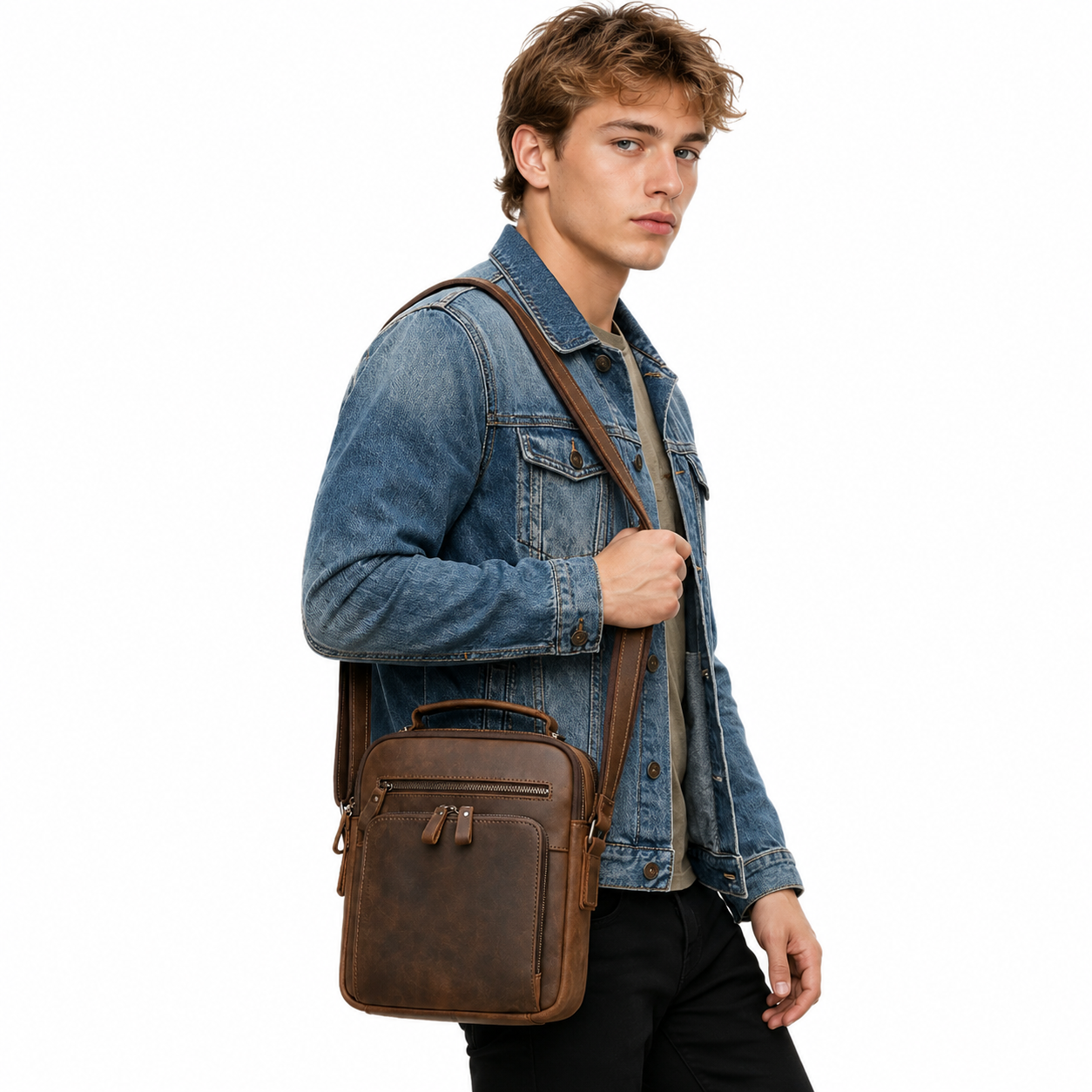 Retro Crossbody Veske i Ekte Skinn til Herre – Lett Messenger Bag for Hverdagsbruk