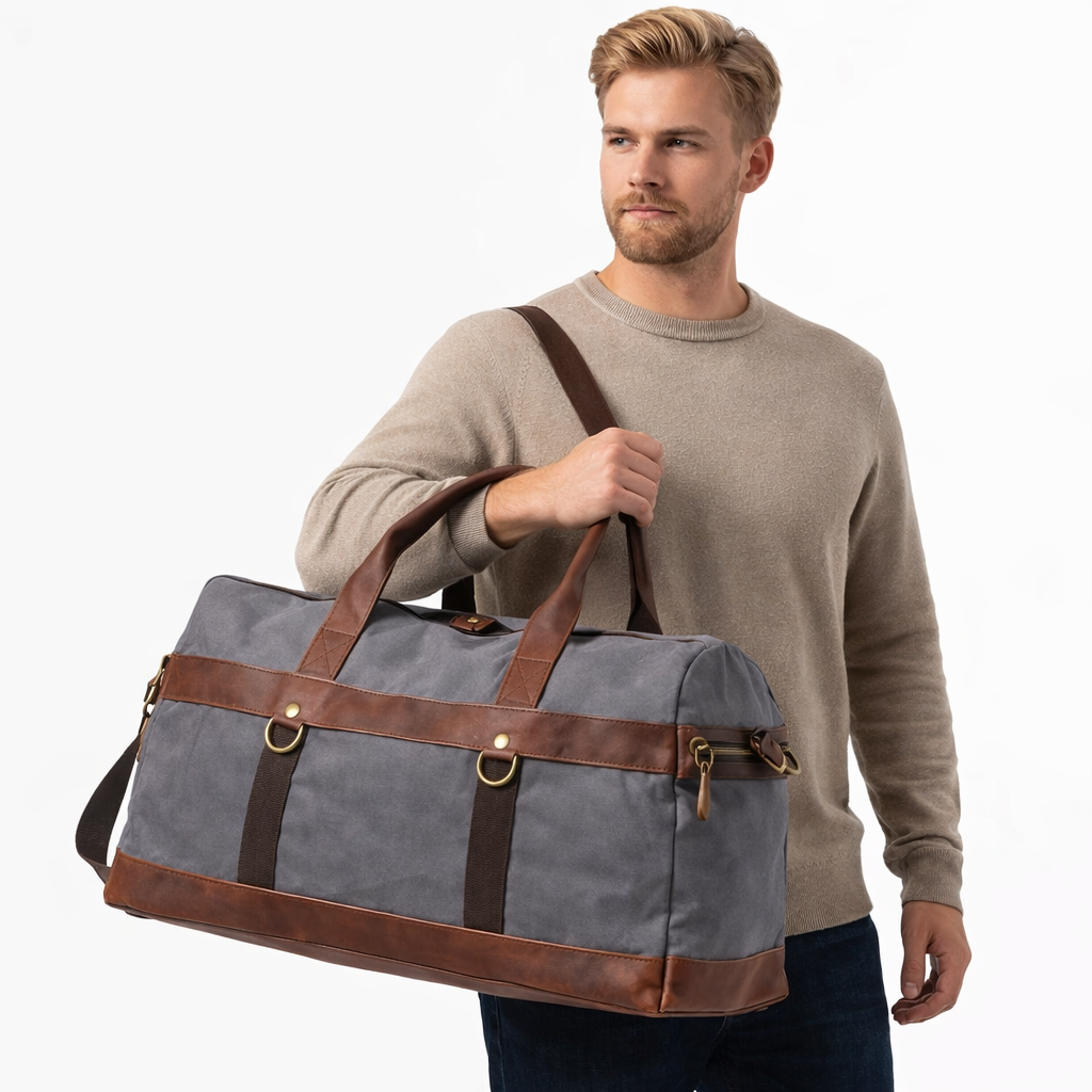 Vintage Weekendbag i Vokset Canvas og Skinn – Stor Reisebag for Håndbagasje
