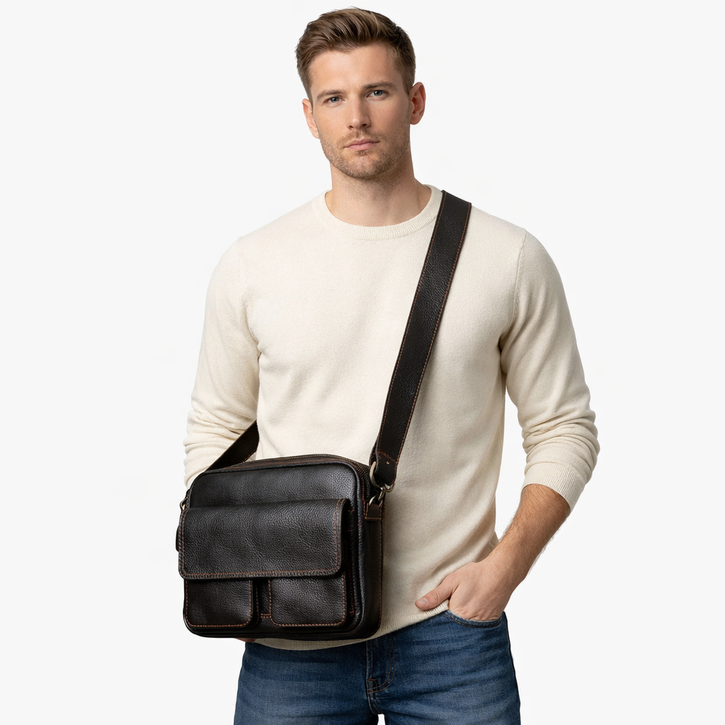 Retro Skulderveske i Skinn – Klassisk Messenger Bag med Plass til 9" Nettbrett