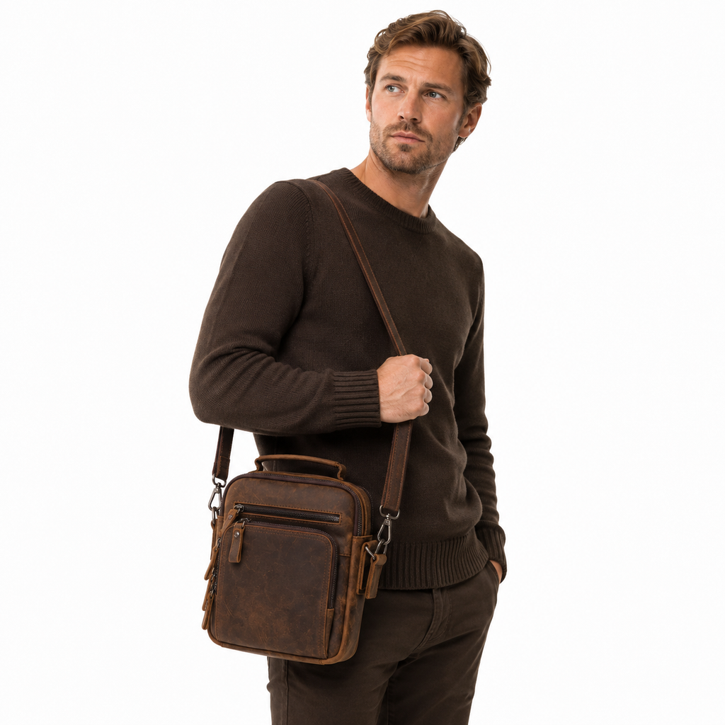 Messenger Bag i Crazy Horse-skinn til Herre – Vintage Crossbody Veske for Jobb og Hverdag