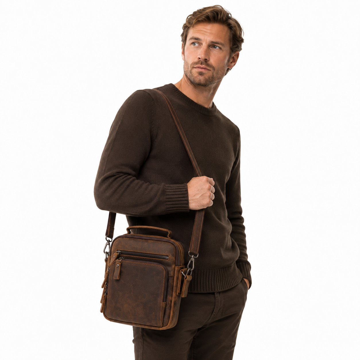 Messenger Bag i Crazy Horse-skinn til Herre – Vintage Crossbody Veske for Jobb og Hverdag