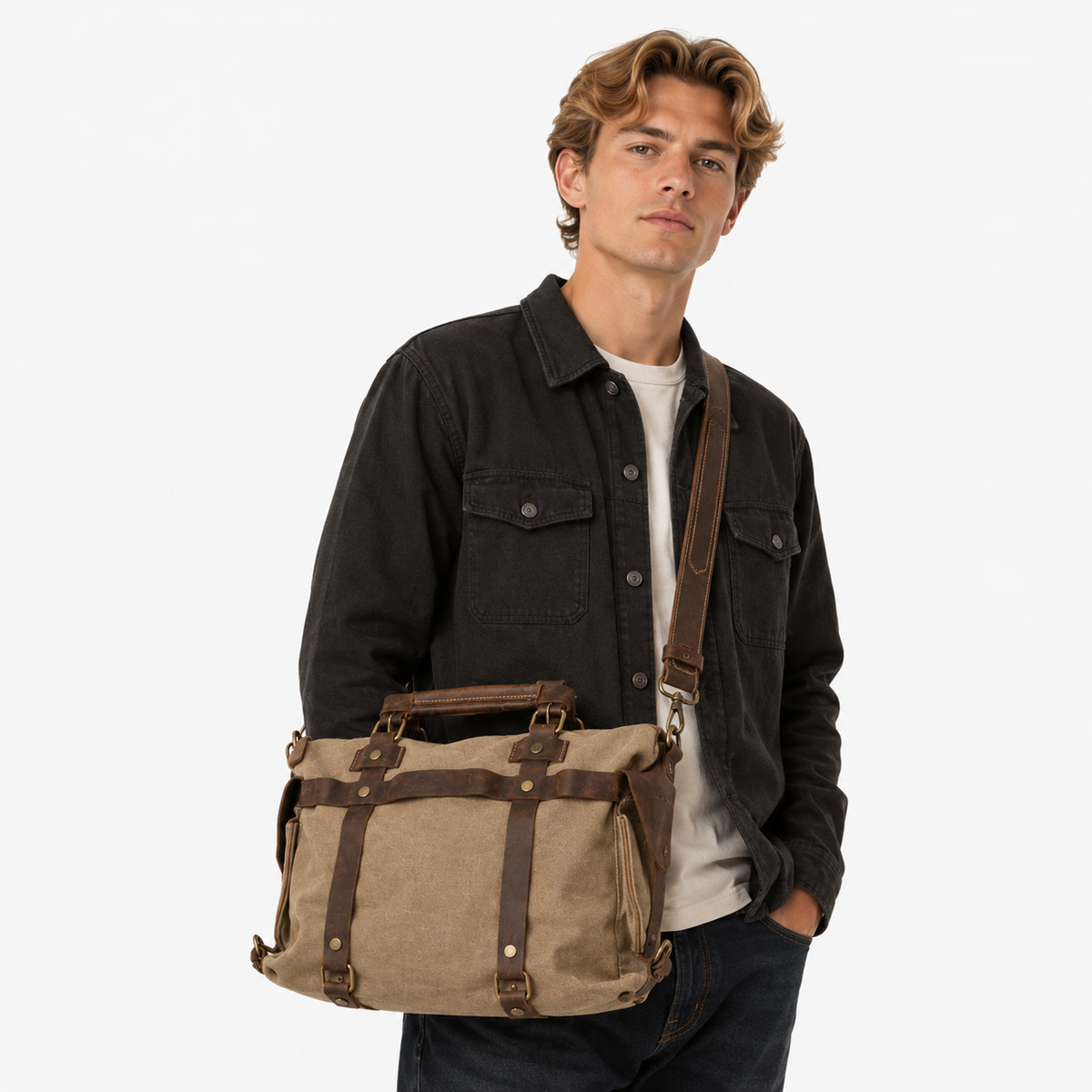 Crossbody Veske i Canvas og Ekte Skinn – Unisex Messenger- og Weekendveske