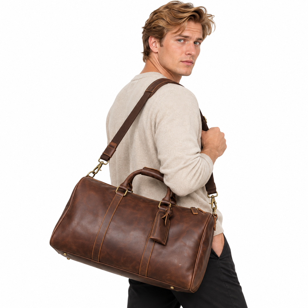 Weekendbag i fullnarvet skinn med stor kapasitet