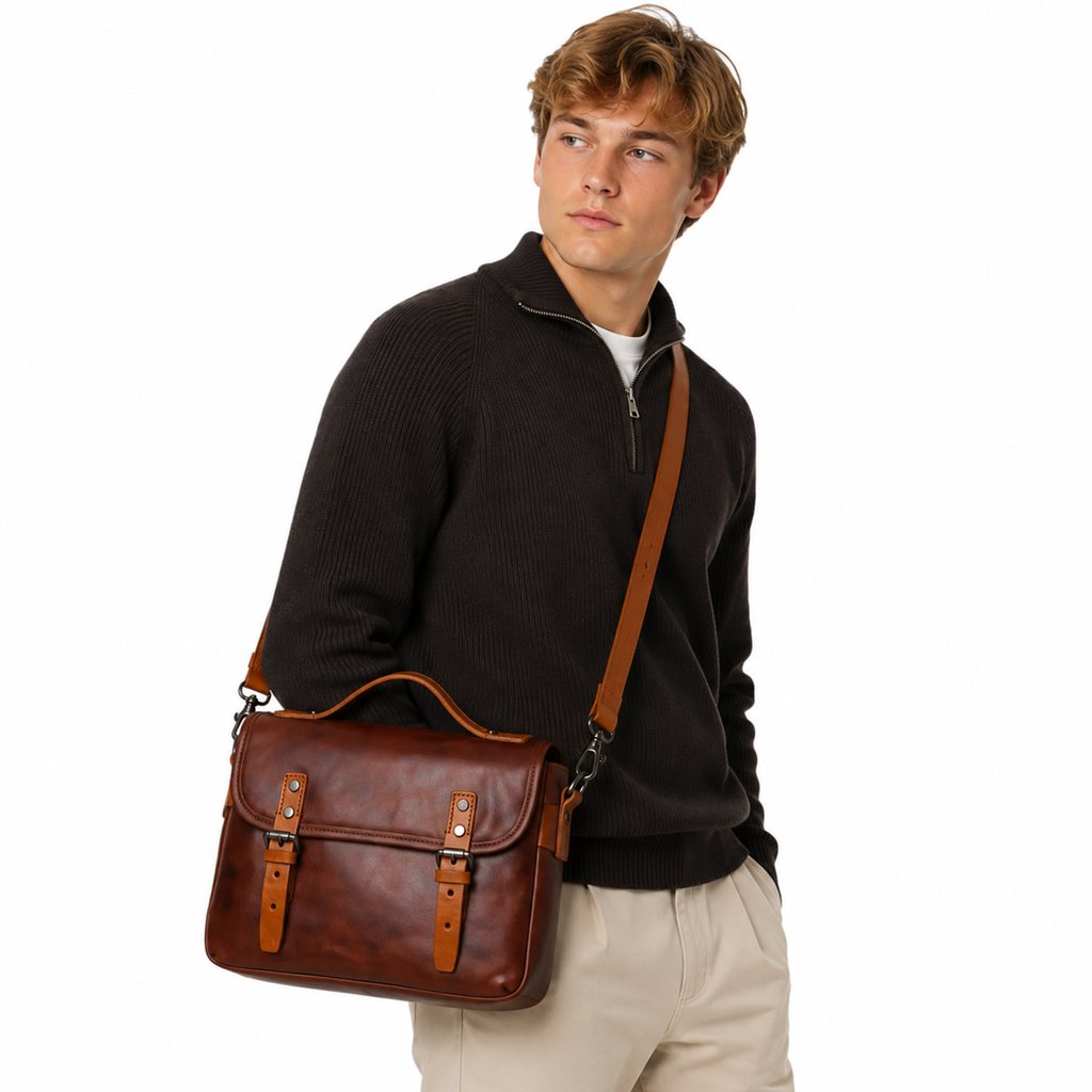 Vintage Crossbody Veske i Ekte Kuskinn til Herre – Casual Skulderveske for 10” iPad