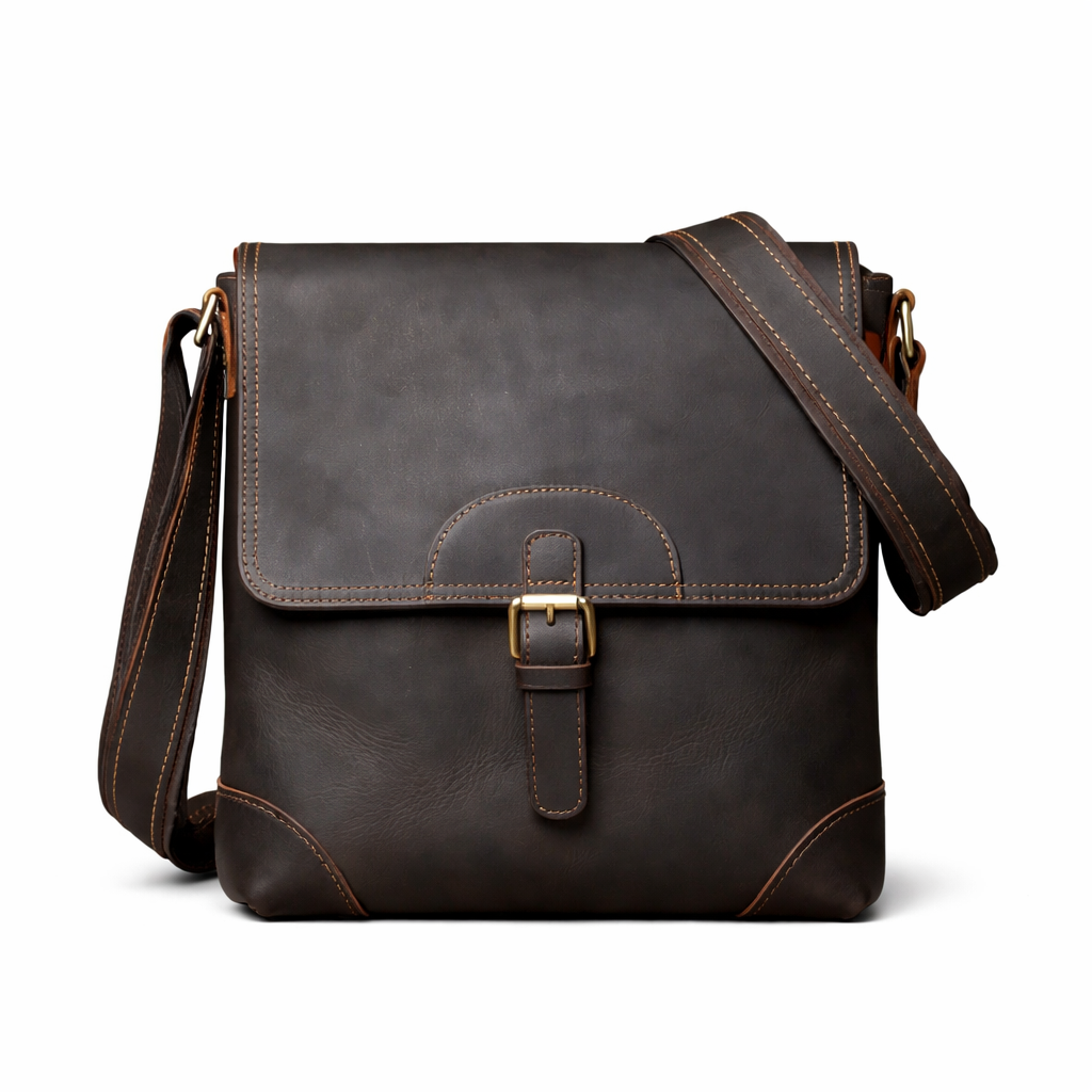 Retro Skulderveske i Ekte Skinn – Vertikal Messenger Bag med Plass til 11" Nettbrett