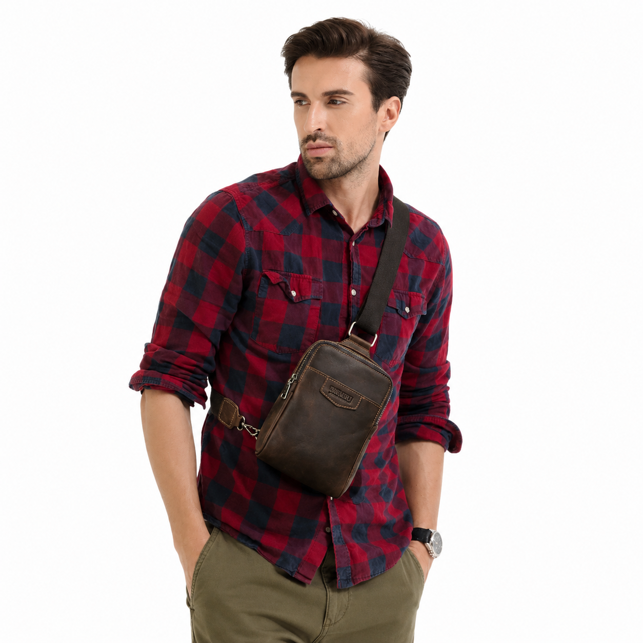 Mini Crossbody Waist Bag i Ekte Skinn til Herre – Praktisk Outdoor Sling Bag