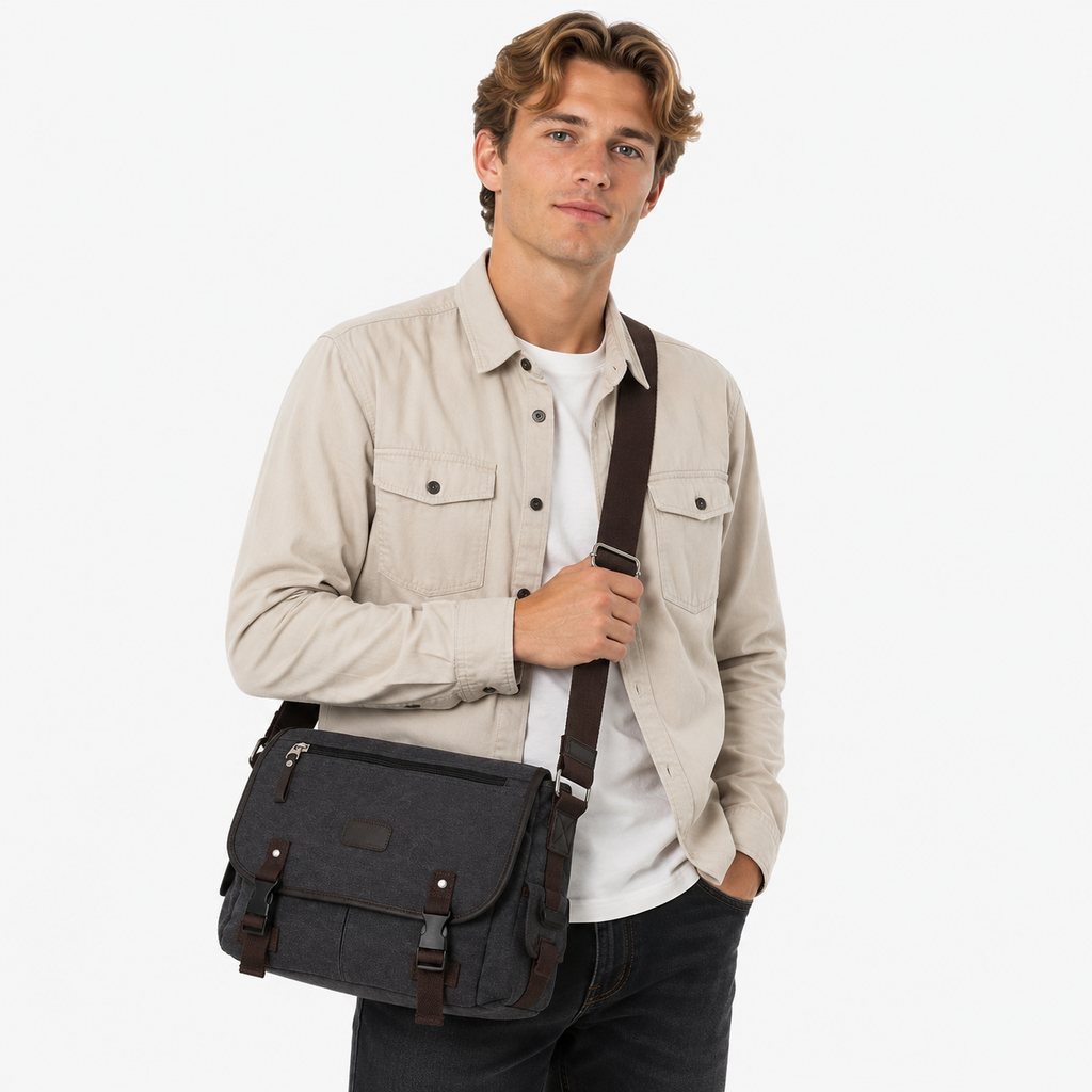 Canvas Messenger Veske for Herre – Skulderveske med Flere Oppbevaringslommer
