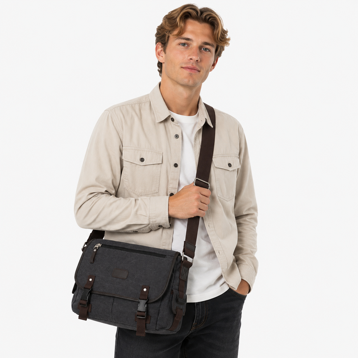 Canvas Messenger Veske for Herre – Skulderveske med Flere Oppbevaringslommer