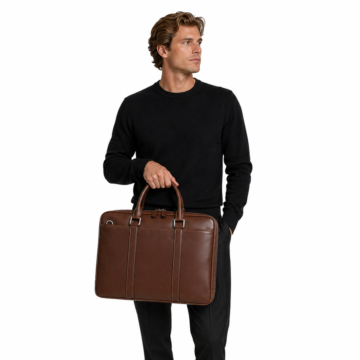 Skinn Messenger Bag til Herre – Stor Business Veske i Kuskinn