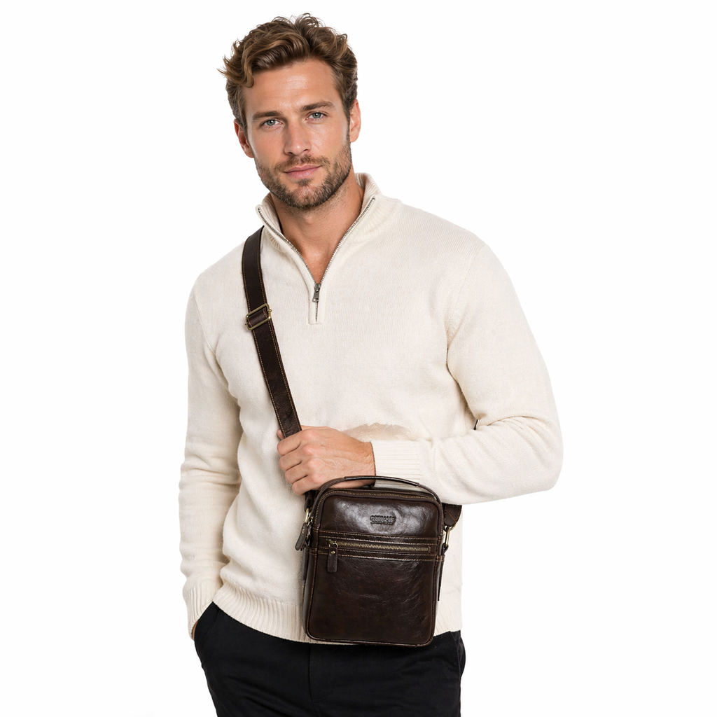 Sling Veske i Ekte Skinn – Crossbody Messenger Bag med Pass- og Mobillommer