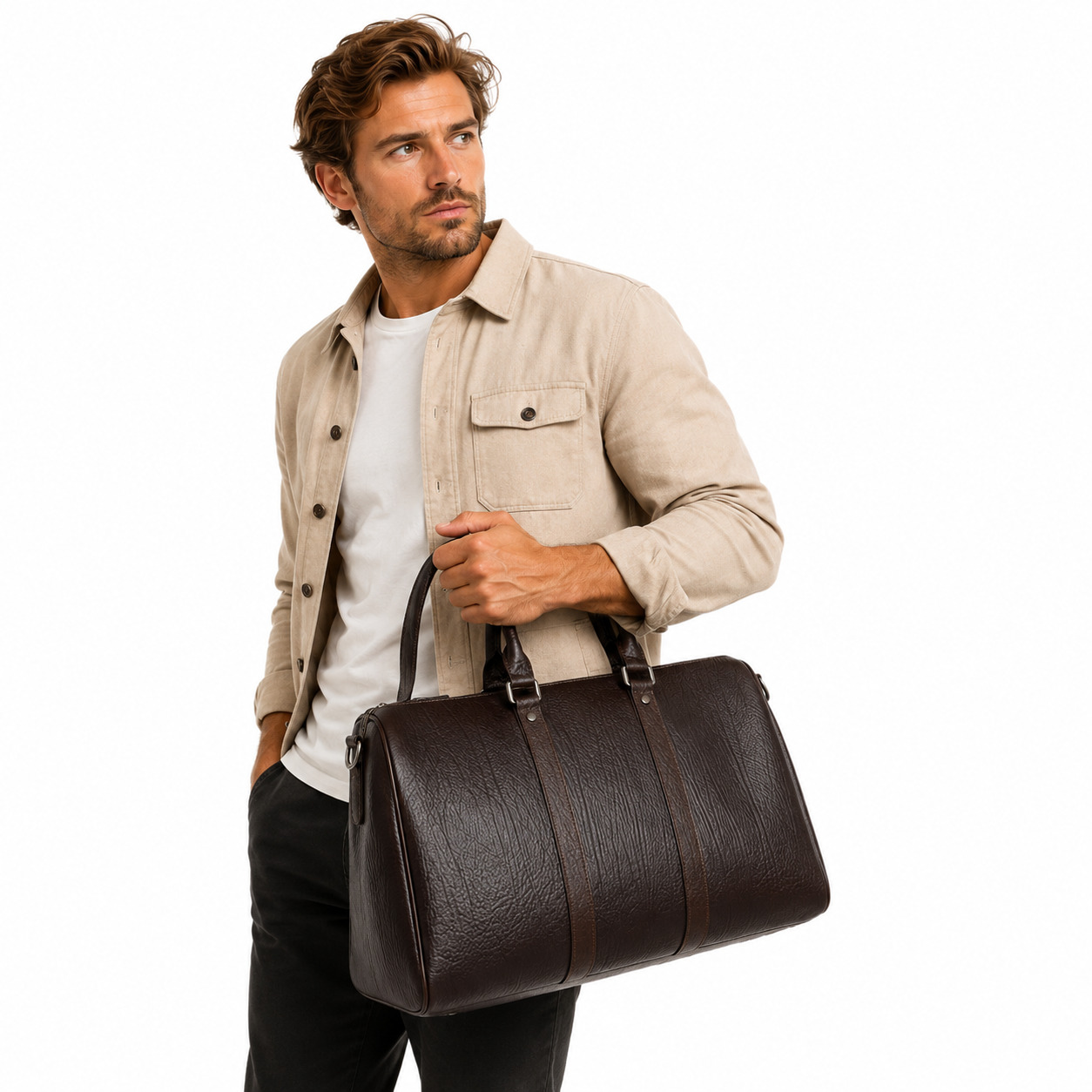 Vintage Reiseveske i Ekte Skinn – Stor Weekendbag for Reise, Trening og Hverdag