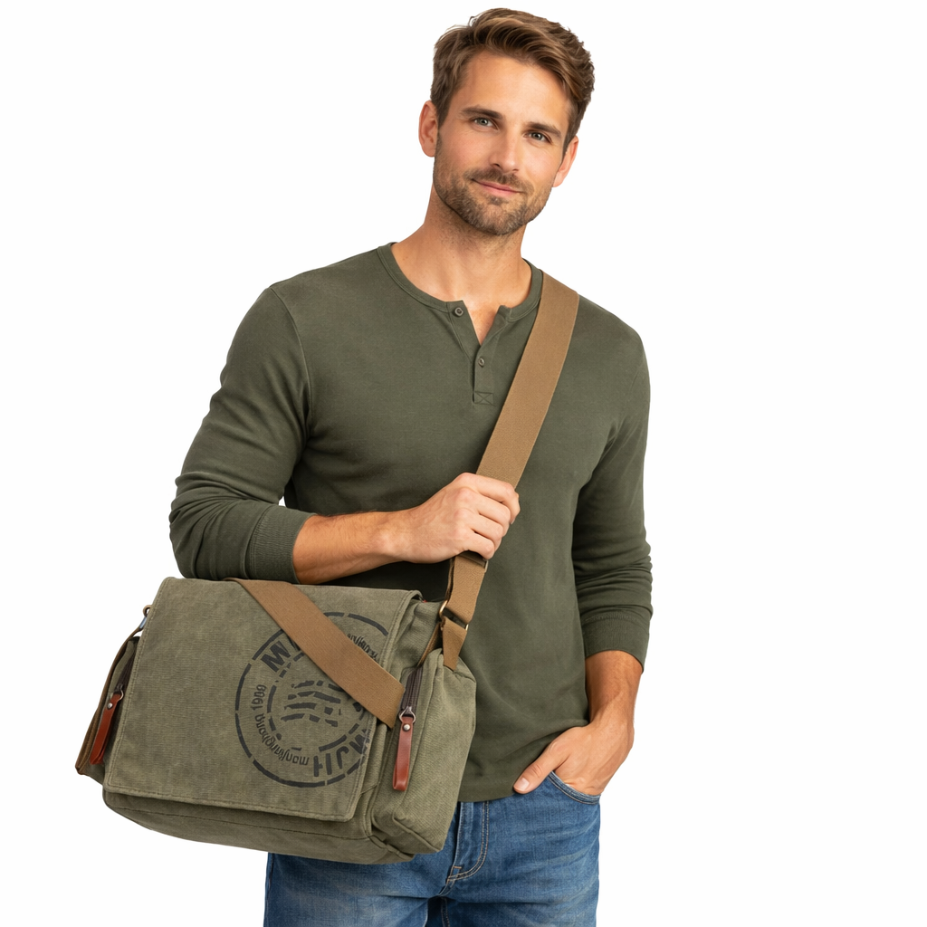 Vintage Canvas Messenger Bag – Skulderveske for Menn til Jobb, Reise og Hverdag