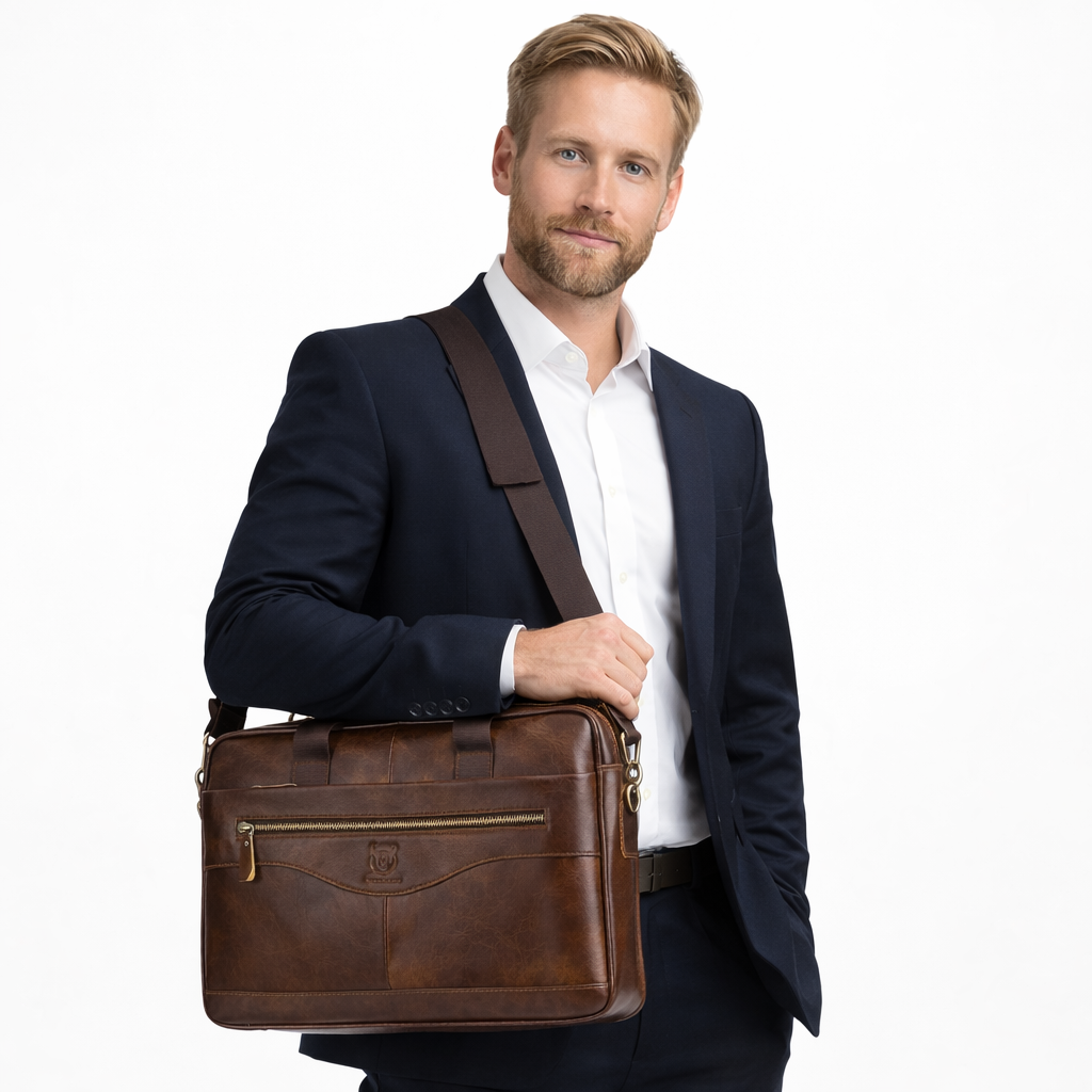 Herreveske i Kuskinn – Retro Dokumentmappe og Messenger Bag med Stor Kapasitet