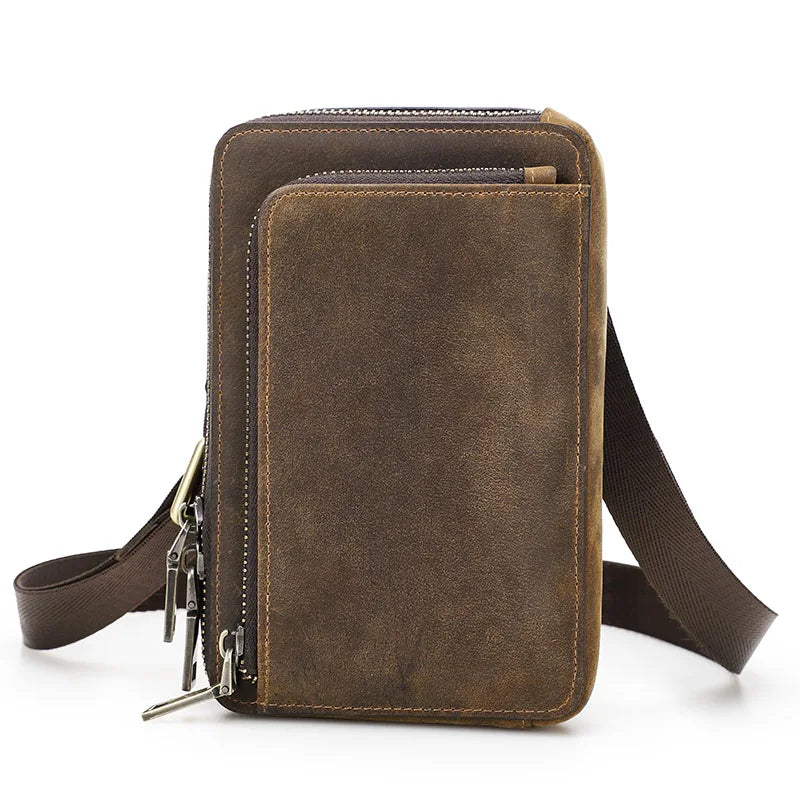 Skulderveske i Vintage Skinn til Herre – Kompakt Mobilveske med Crossbody-design