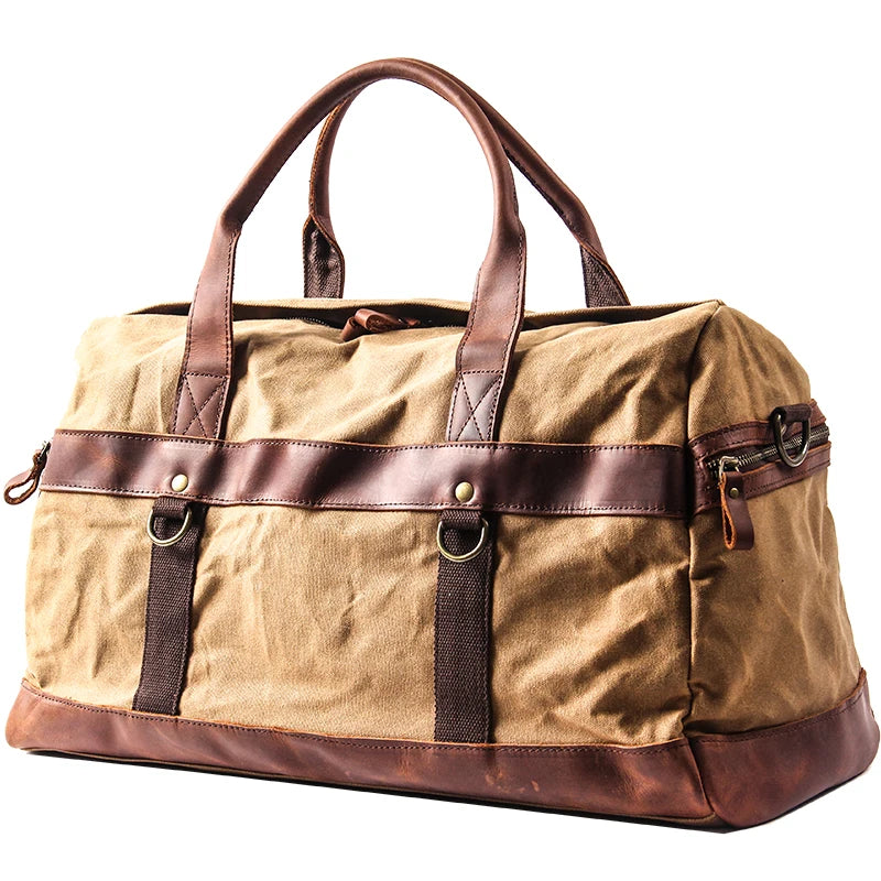 Vintage Weekendbag i Vokset Canvas og Skinn – Stor Reisebag for Håndbagasje
