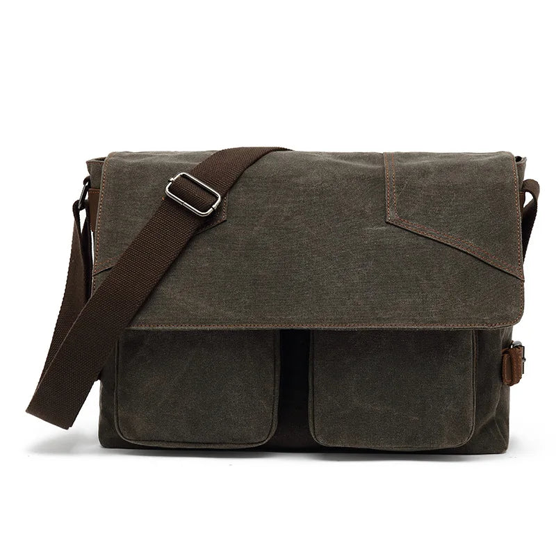 Vintage Canvas Messenger Bag til Herre – Skulderveske med Skinn Detaljer og Laptopplass