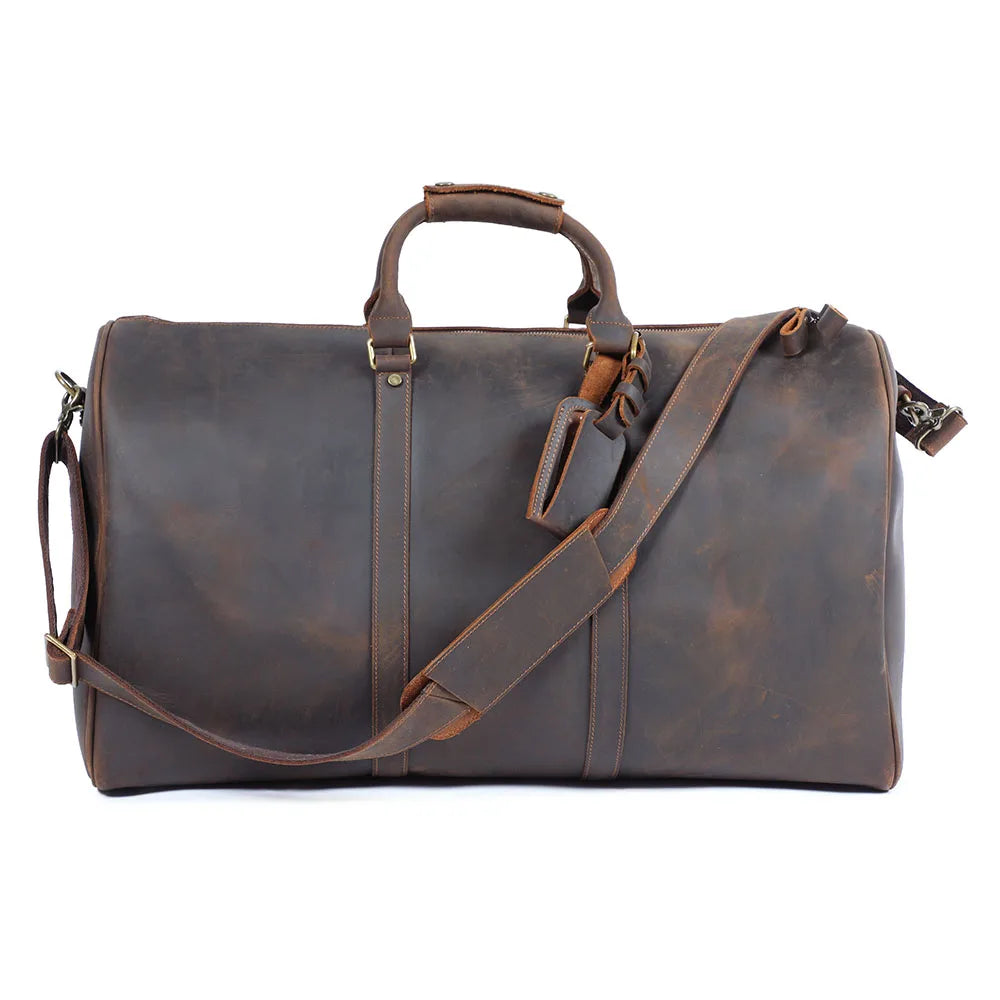 Vintage Reisebag i Fullnarvet Skinn for Herre – Stor Weekender Duffelbag