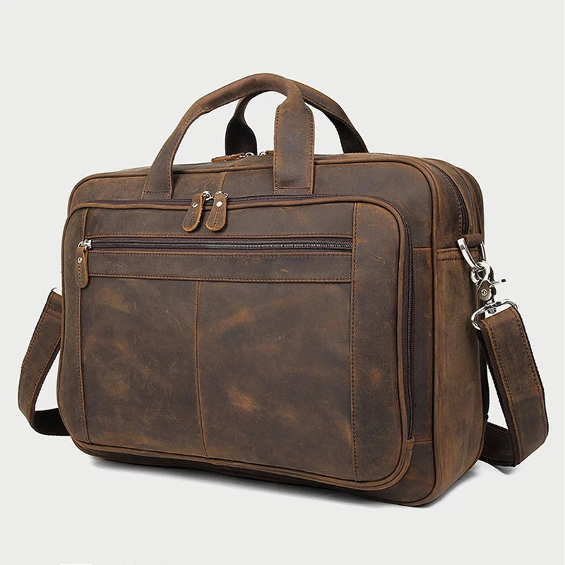 Skinn Dokumentveske til Herre – 17” Laptopveske i Crazy Horse Lær for Jobb og Business