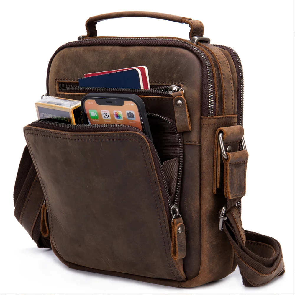 Messenger Bag i Crazy Horse-skinn til Herre – Vintage Crossbody Veske for Jobb og Hverdag