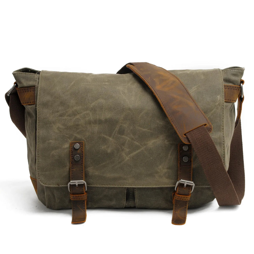 Retro Canvas Skulderveske for Menn – Crossbody Laptopveske med Skinndetaljer