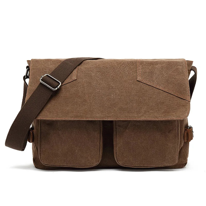 Vintage Canvas Messenger Bag til Herre – Skulderveske med Skinn Detaljer og Laptopplass