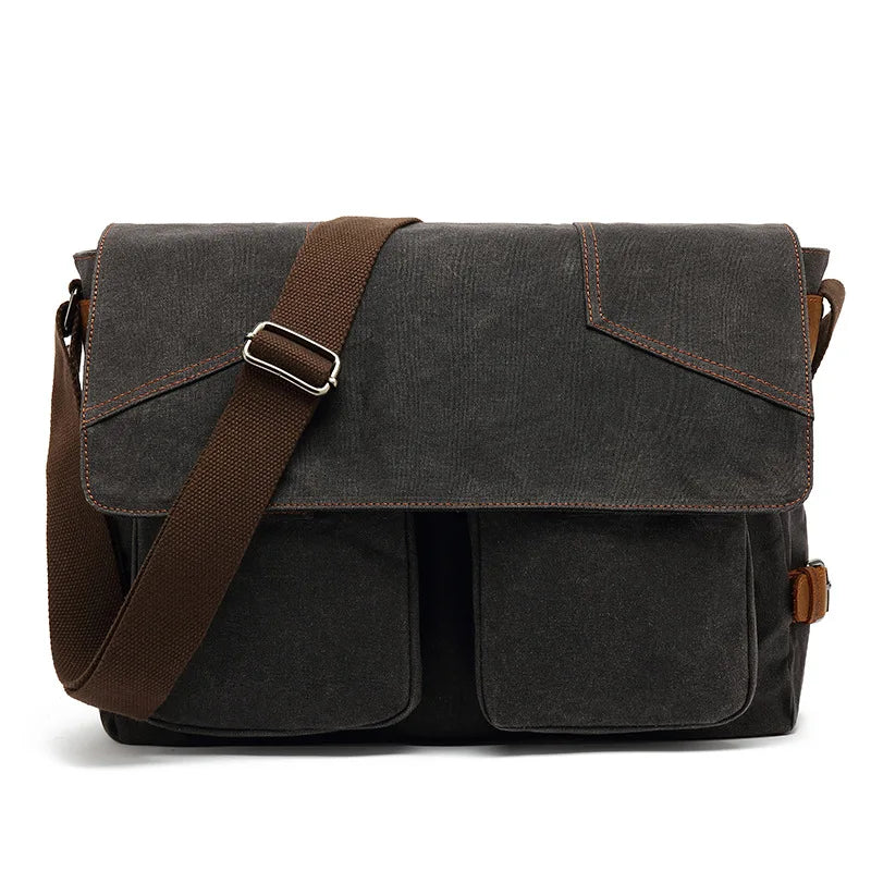 Vintage Canvas Messenger Bag til Herre – Skulderveske med Skinn Detaljer og Laptopplass