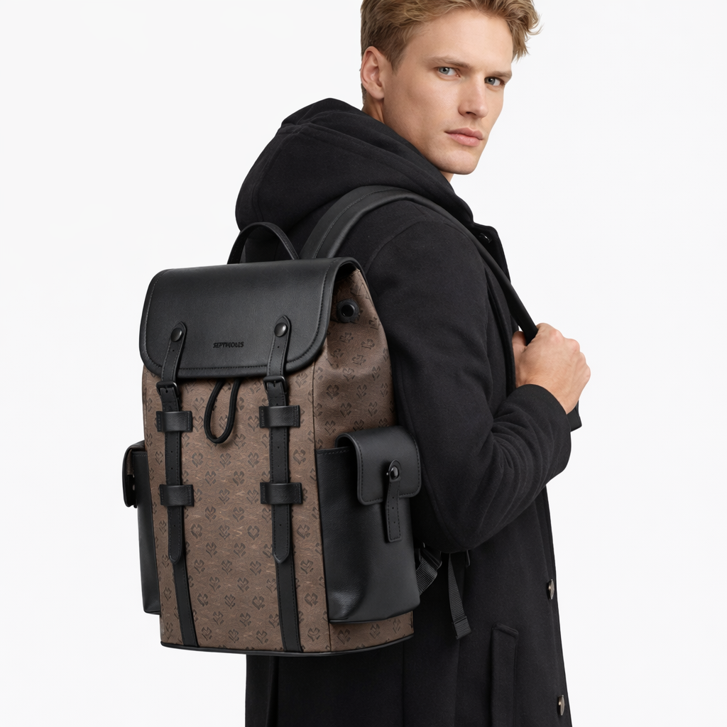 Monogram Ryggsekk i Skinnlook – Business Sekk med Snøring og Laptoprom