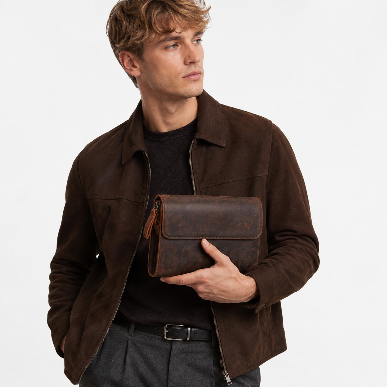Vintage Clutch i Crazy Horse-skinn til Herre – Stor Retro Wristlet for Business og Hverdag
