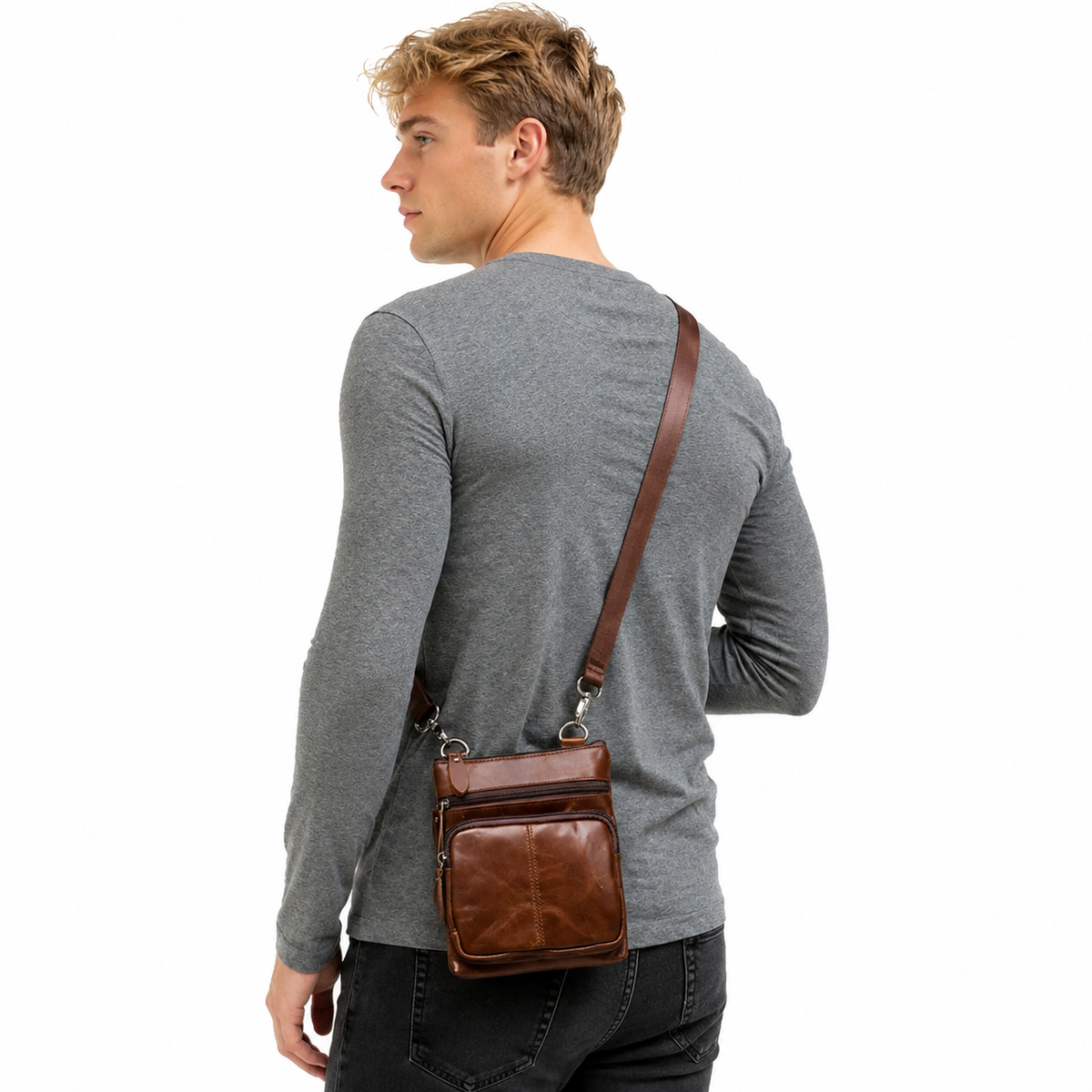 Liten Messenger Bag i Ekte Skinn for Herre – Vintage Crossbody Skulderveske
