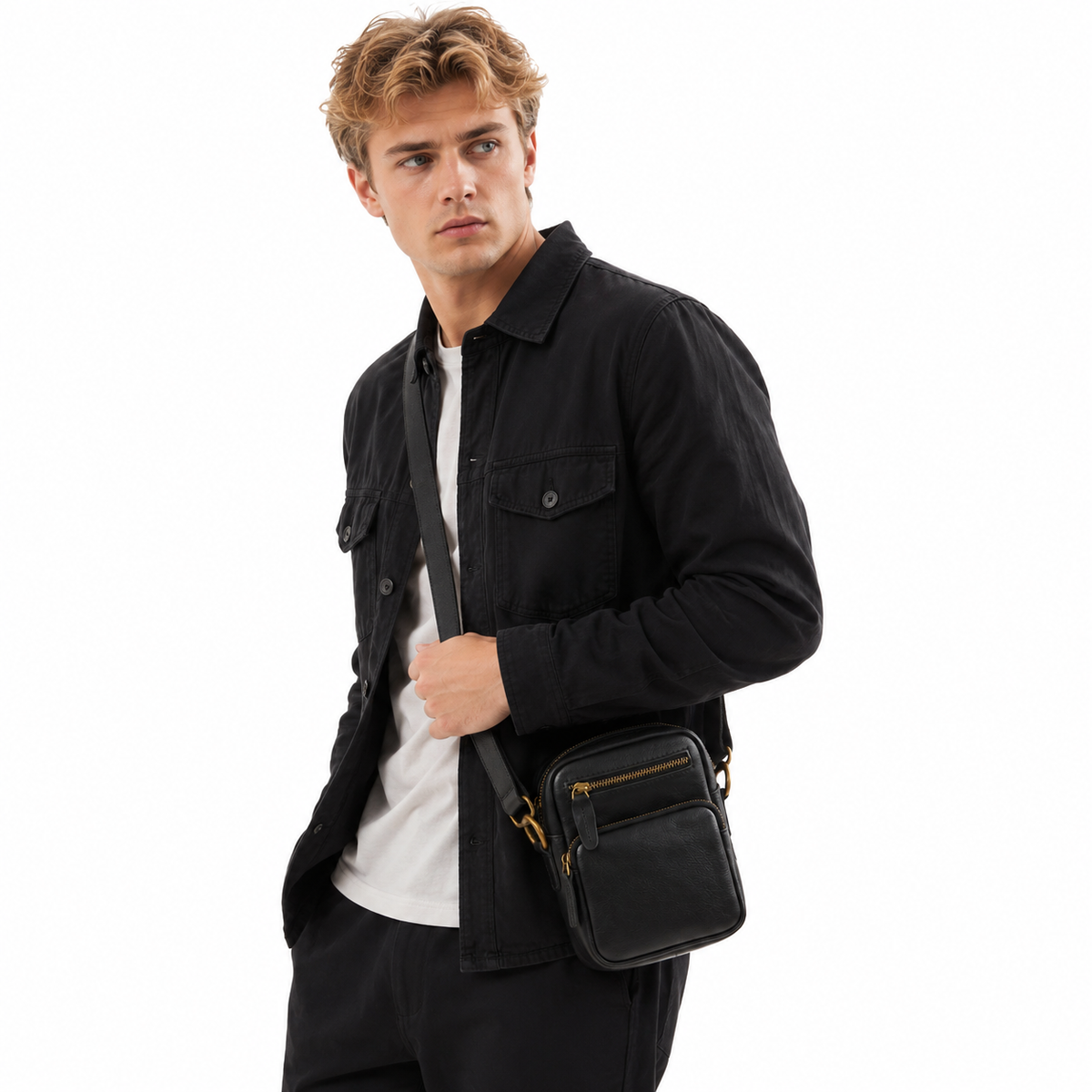 Liten Crossbody Veske i Ekte Skinn for Herre – Vintage Messenger Bag med Glidelås