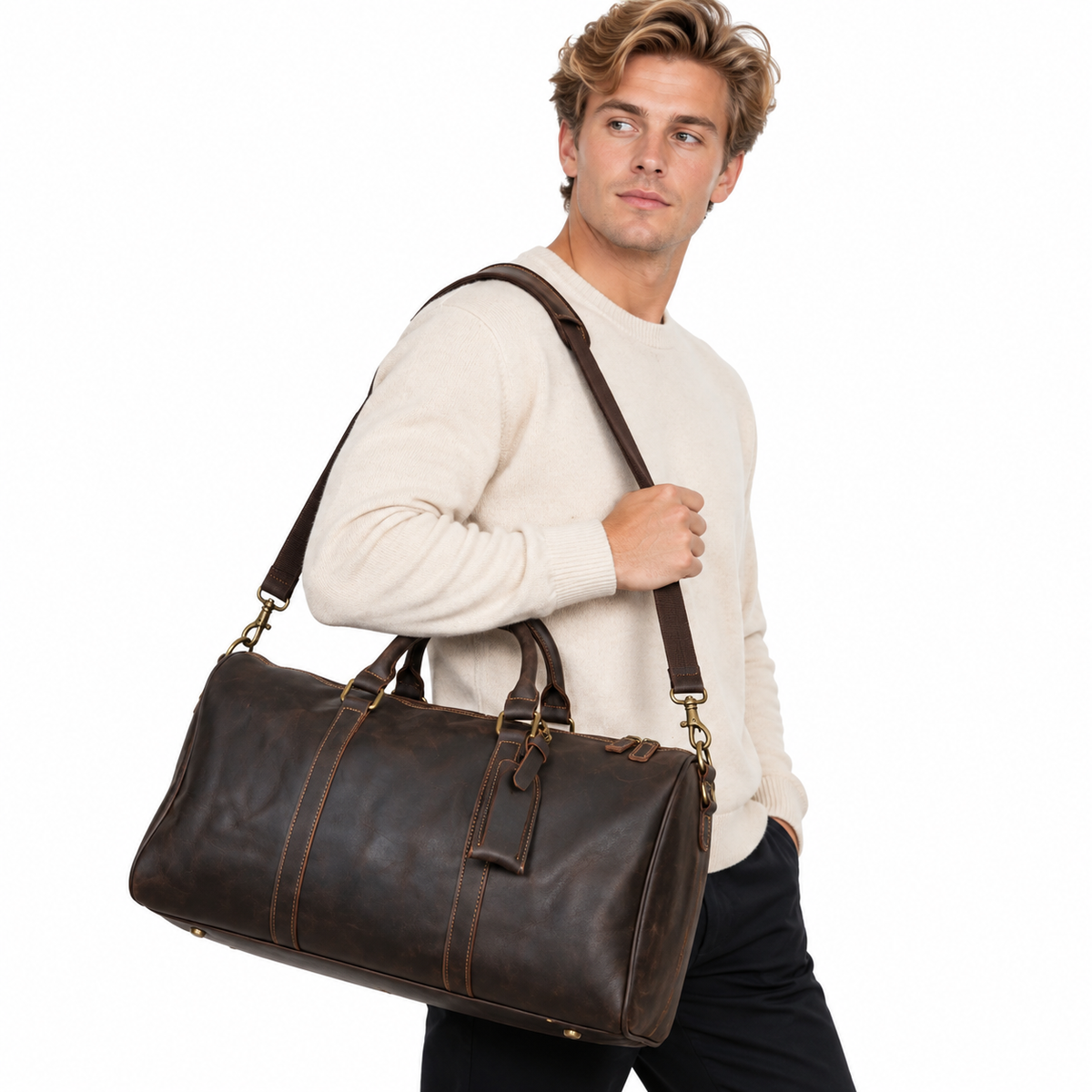 Weekendbag i fullnarvet skinn med stor kapasitet