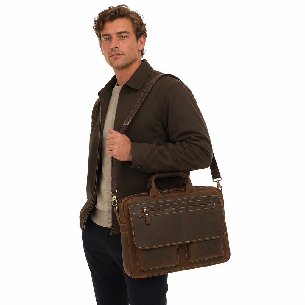 Vintage Dokumentveske i Crazy Horse-skinn – Stor Laptopveske til Herre 15,6”