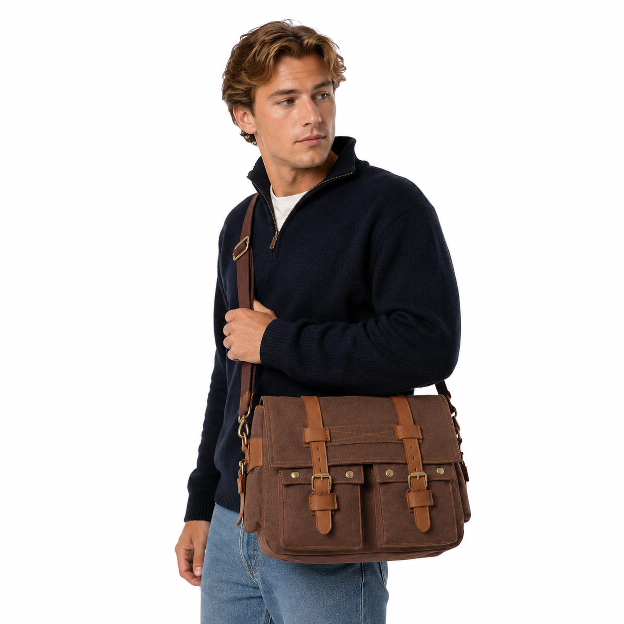 Canvas og Skinn Messenger Bag til Herre – Praktisk Reise- og Laptopveske