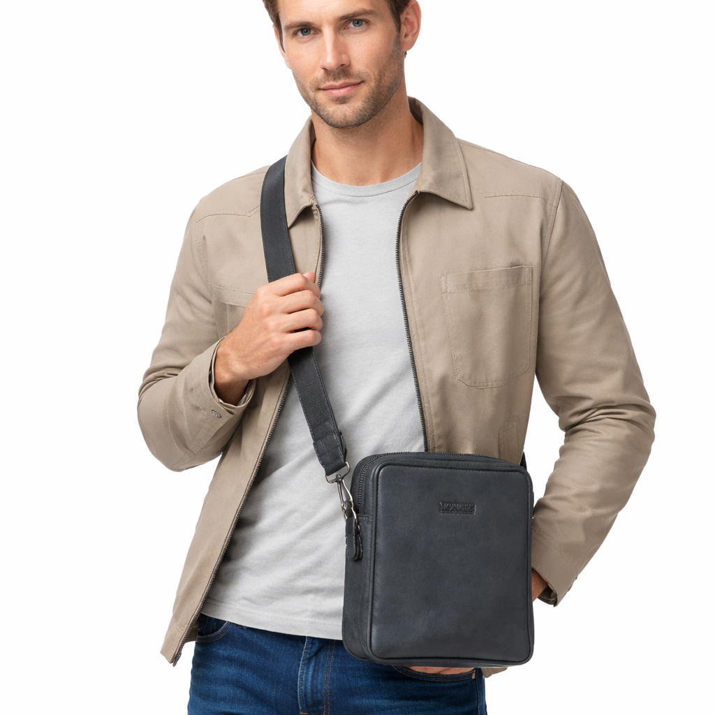 Vintage Skulderveske i Ekte Skinn – Klassisk Messenger Bag for Menn