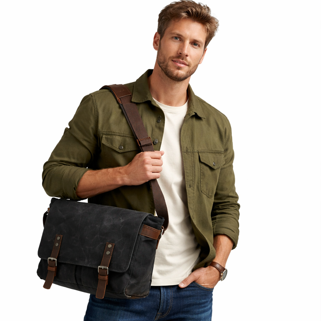 Retro Canvas Skulderveske for Menn – Crossbody Laptopveske med Skinndetaljer