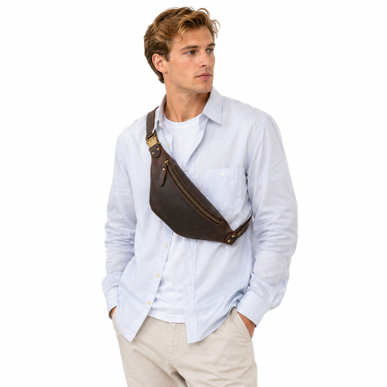 Skulderveske i Ekte Skinn til Herre – RFID Sling Bag med Tyverisikring