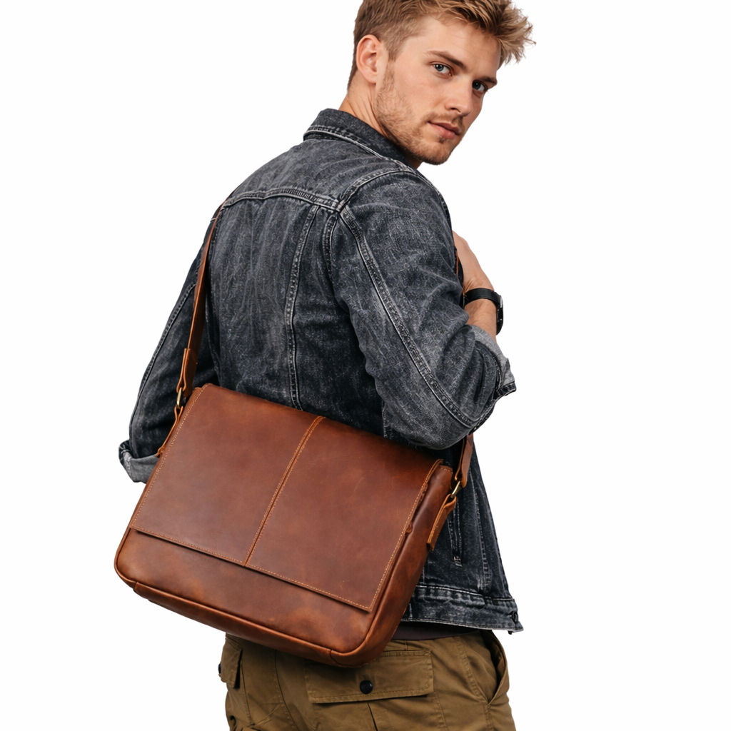 Vintage Messenger Bag i Ekte Skinn – Håndlaget Crazy Horse Skulderveske
