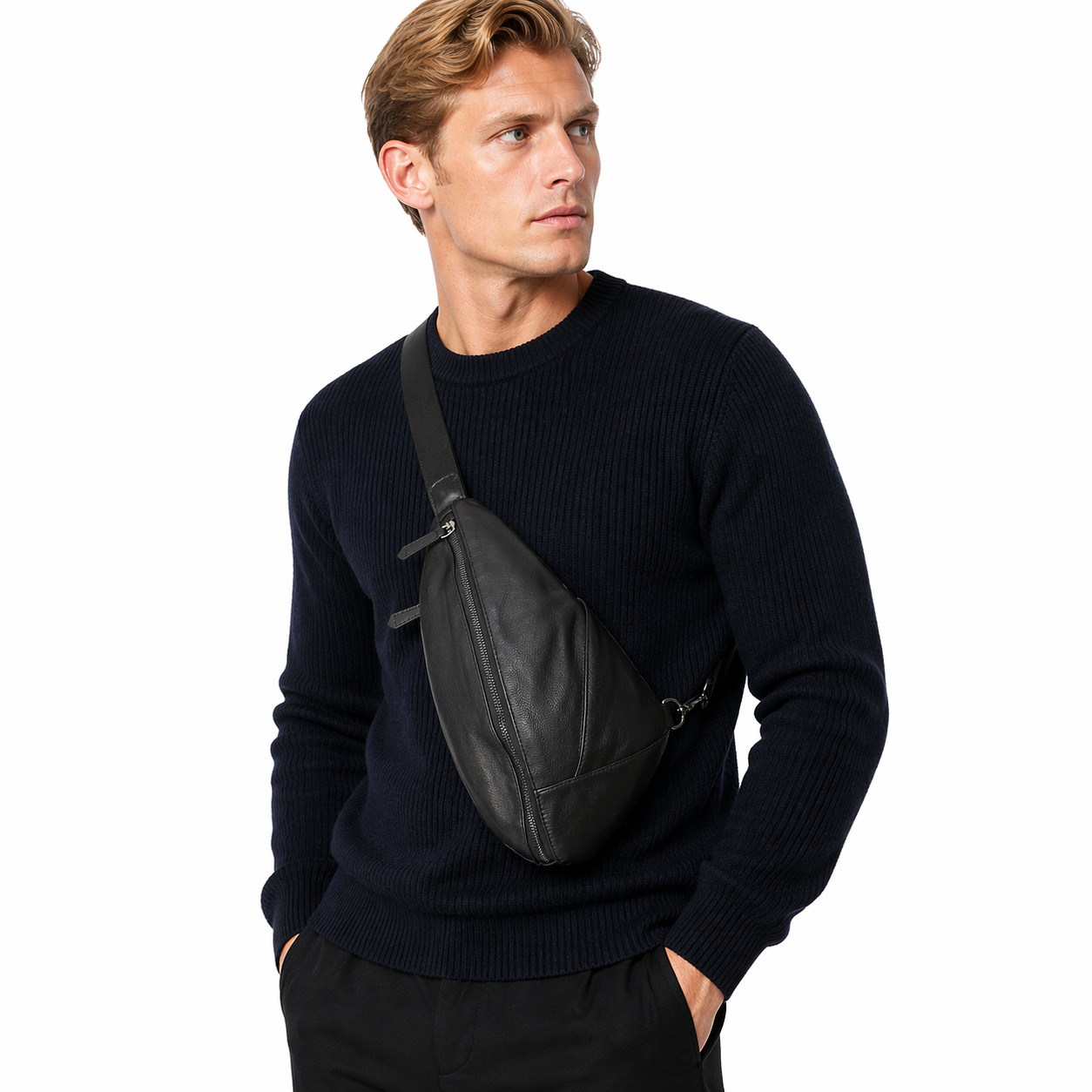 Skinn Brystveske til Herre – Kompakt Crossbody Sling Bag i Sort