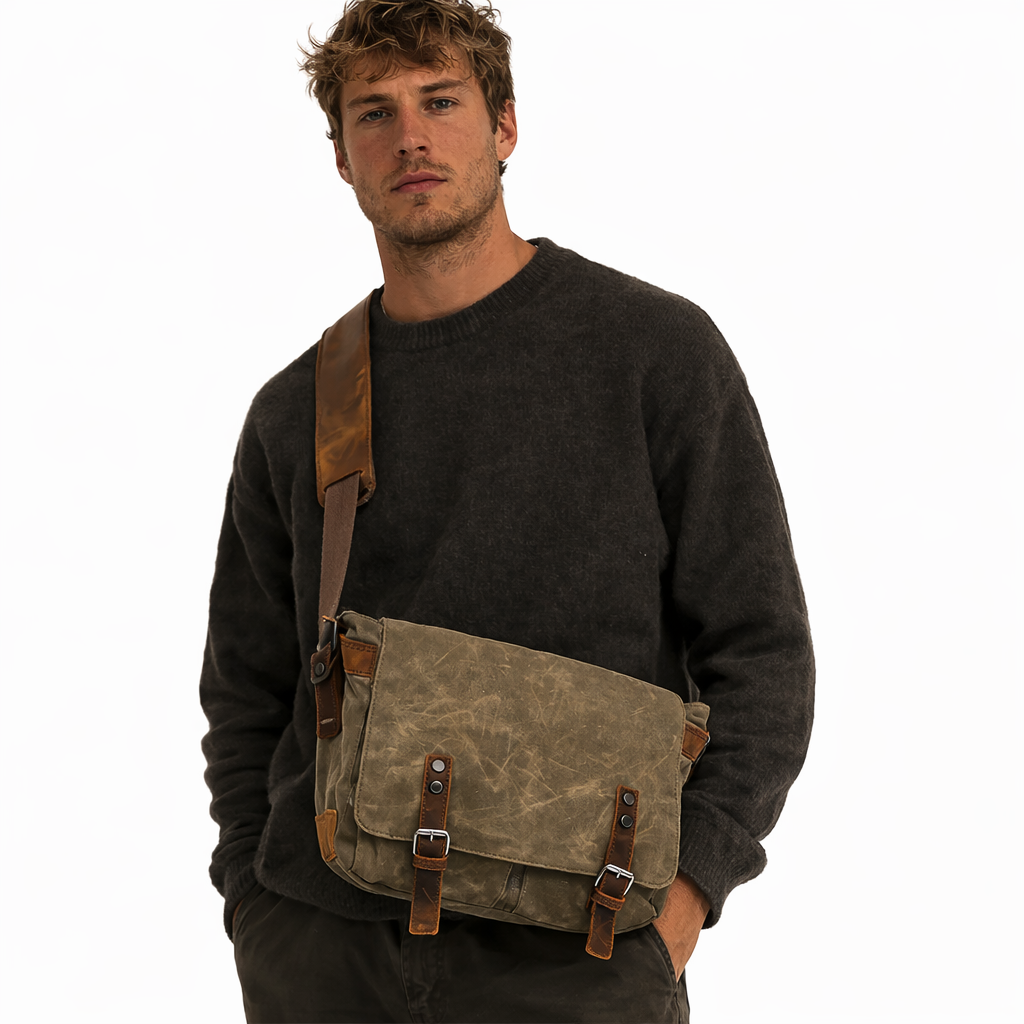 Retro Canvas Skulderveske for Menn – Crossbody Laptopveske med Skinndetaljer