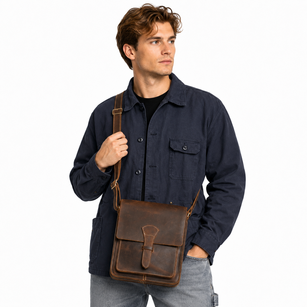 Liten Crossbody Veske i Ekte Skinn til Herre – Enkel Messenger Sling Bag