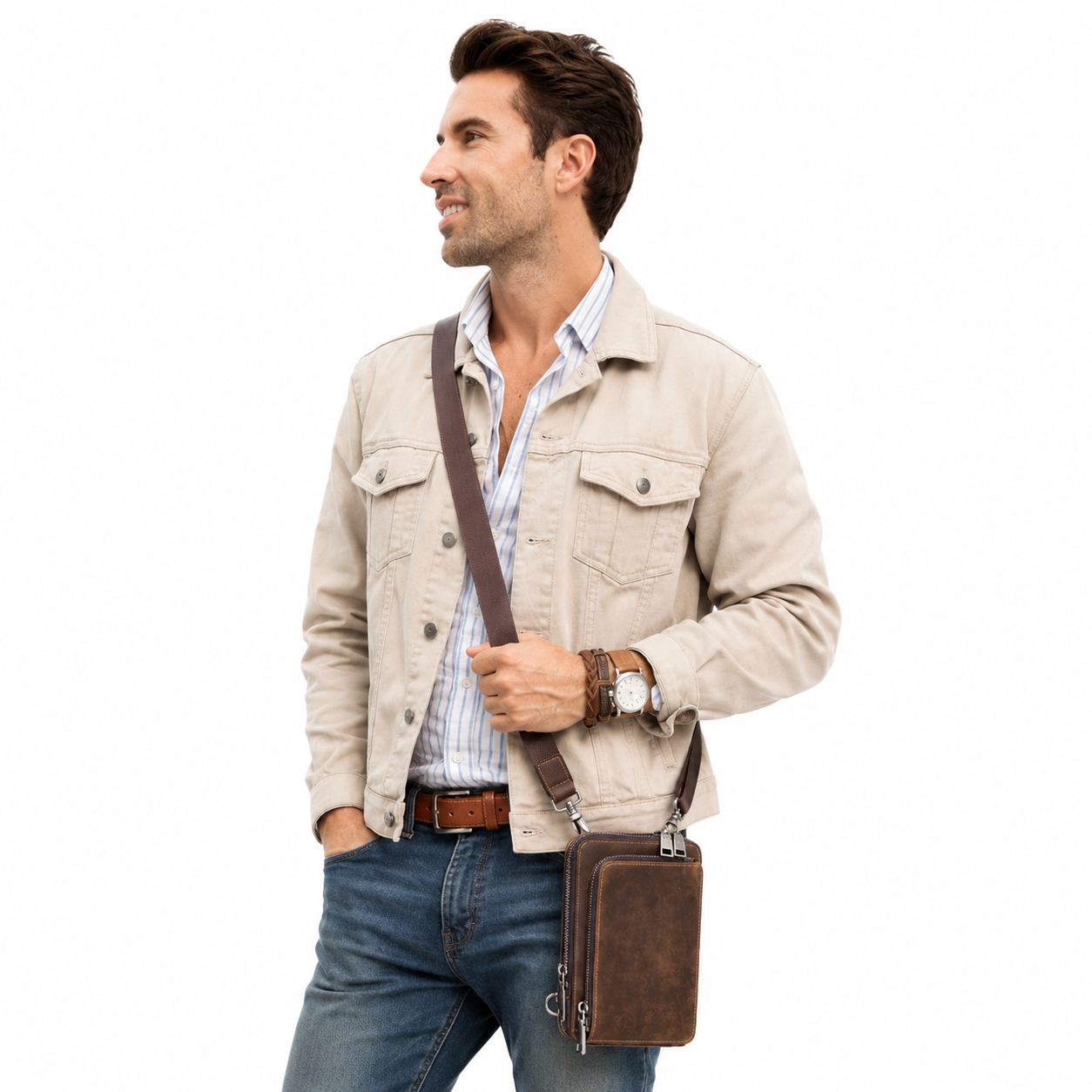 Skulderveske i Vintage Skinn til Herre – Kompakt Mobilveske med Crossbody-design