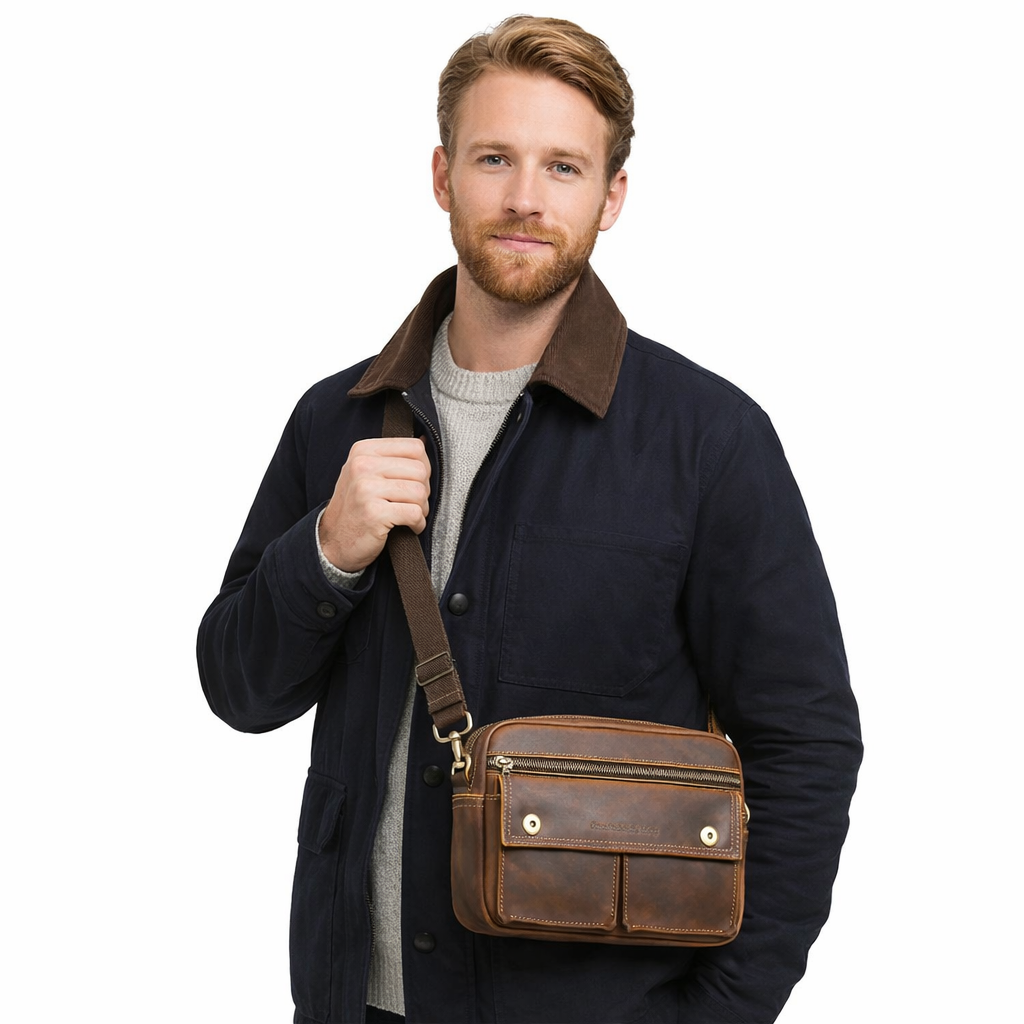 Vintage Crossbody Skinnveske – Crazy Horse Skulderveske med Plass til 8,3" Nettbrett