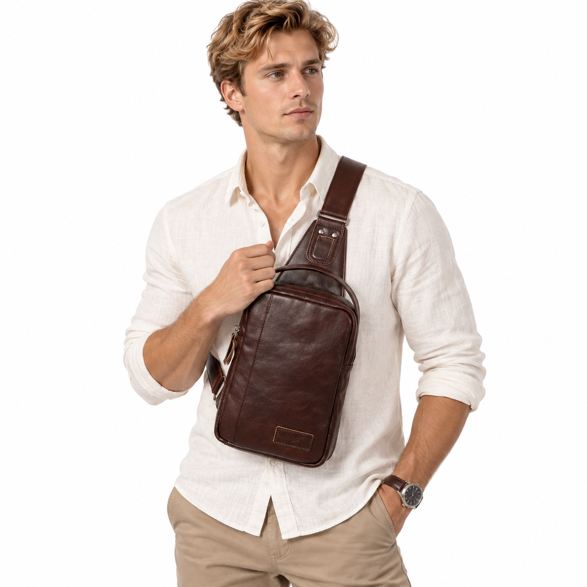 Vintage Skulderveske i Ekte Skinn for Herre – Crossbody Brystveske