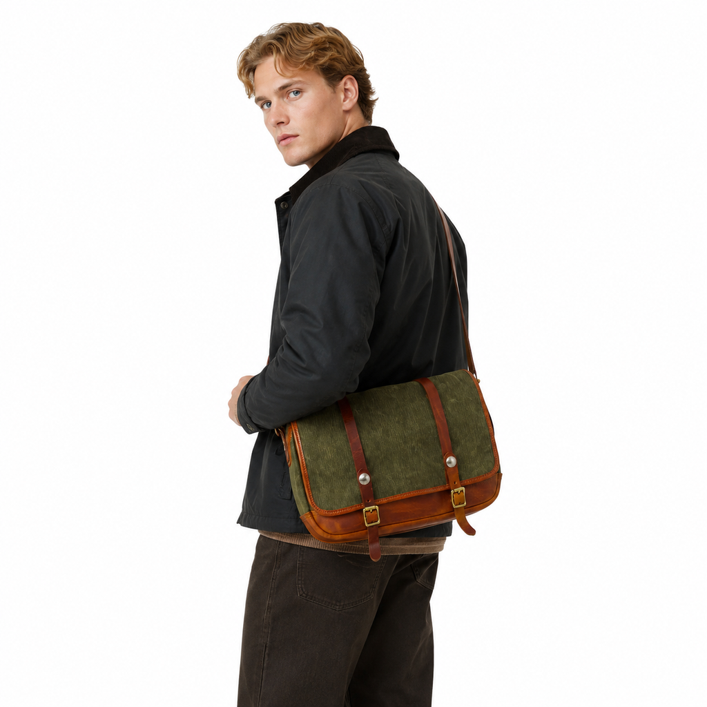 Vintage Messenger Bag i Canvas og Ekte Skinn – Stor Laptopveske til Herre