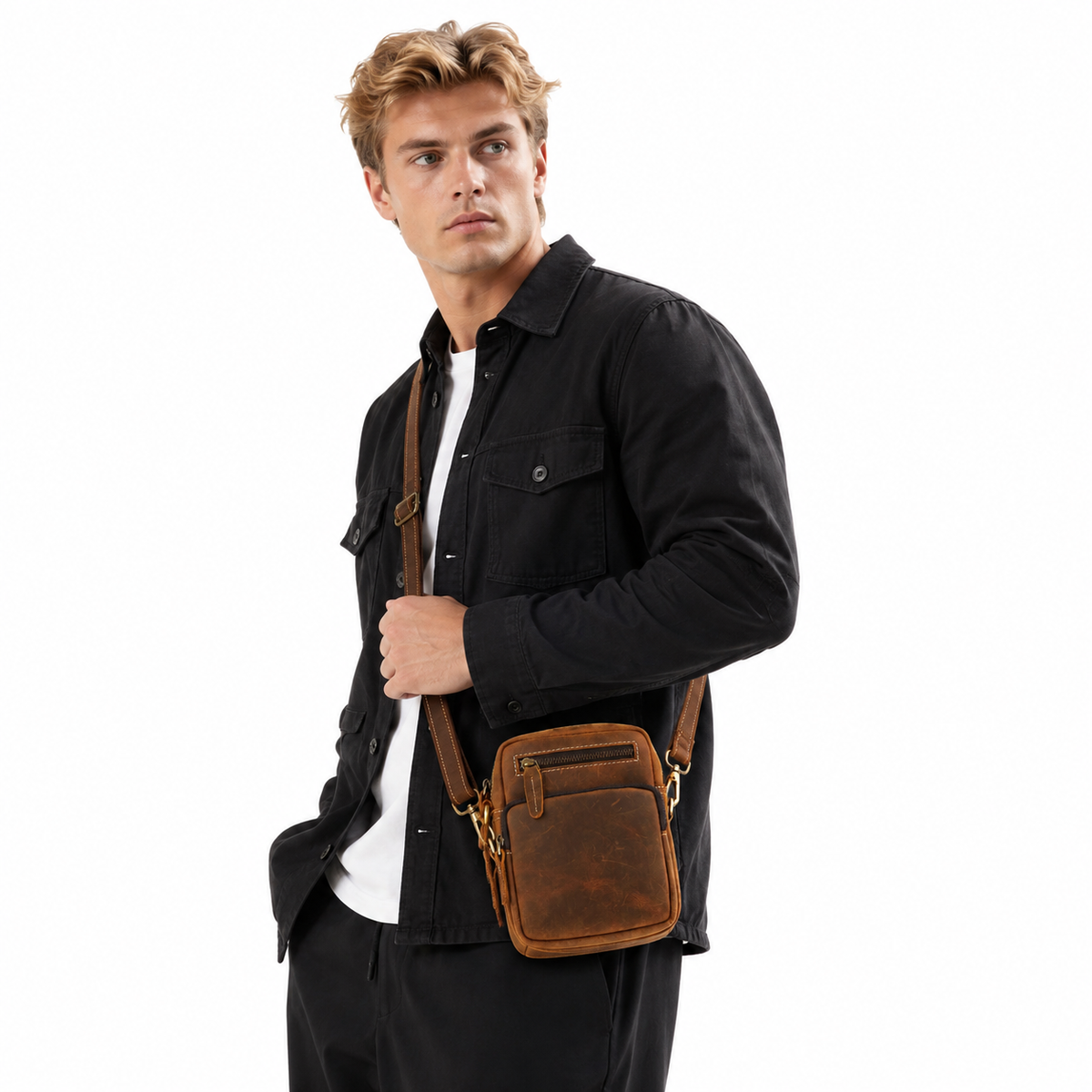 Liten Crossbody Veske i Ekte Skinn for Herre – Vintage Messenger Bag med Glidelås