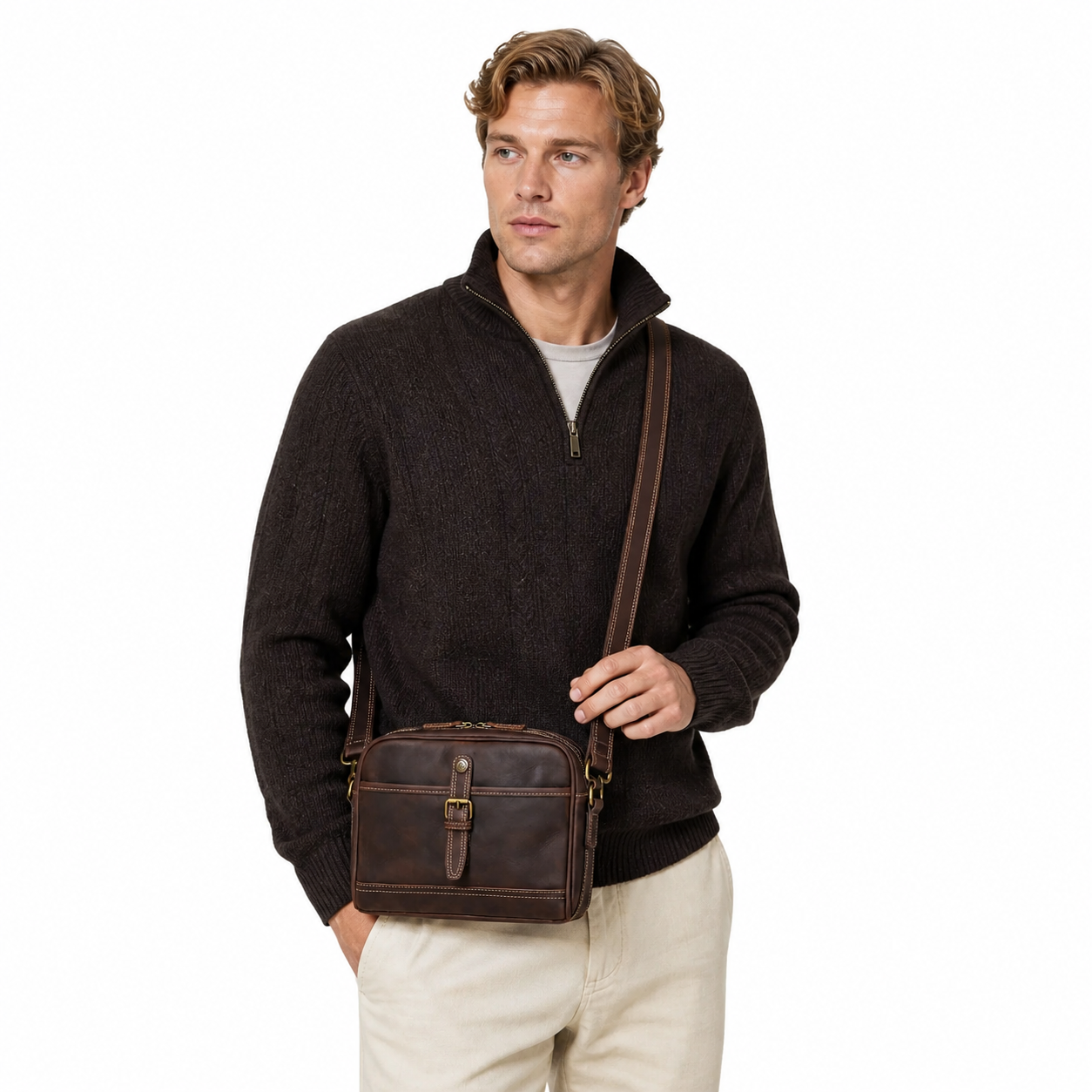 Skulderveske i Ekte Crazy Horse-skinn til Herre – Casual Crossbody Chest Bag